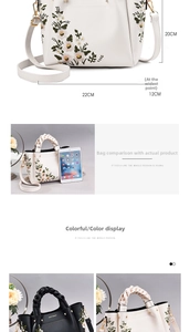 Detailed size chart of floral embroidered handbag with dimension specs and iPad comparison