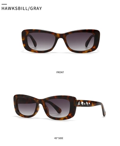 Detail view of tortoiseshell square sunglasses with rhinestones and grey gradient lenses