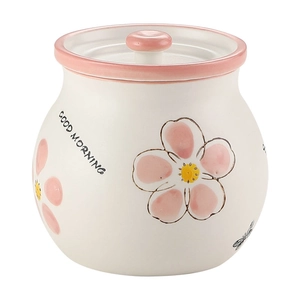 Pot à saindoux en céramique blanche avec couvercle et fleurs roses peintes à la main