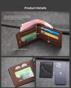 Detail of short bifold wallet with multiple card slots and clear ID window for men