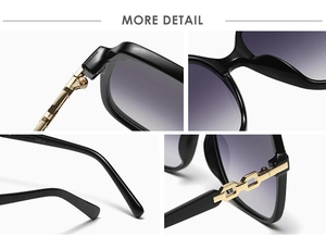 Close-up of square sunglasses featuring golden hollow metal temple details and UV CAT.3 mark