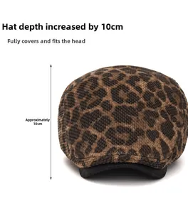 Detailed view of leopard print ivy cap showing 10cm depth and warm fabric texture