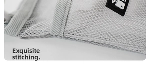 Macro shot of durable grey mesh fabric with neat stitching and rubber logo on bottle bag