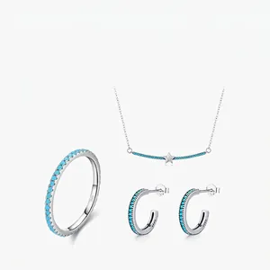 925 Sterling Silver Star Pendant Necklace Hoop Earrings And Band Ring Jewelry With Blue Turquoise Stone Vintage Style
