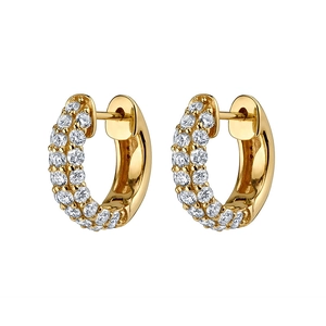 Pair of gold hoop earrings with double row pave set clear cubic zirconia stones