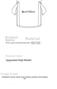Detailed size chart for a 5-layer insulated foldable foot bath bucket made of PVC material