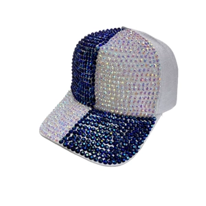 Close-up of luxury baseball cap featuring deep blue and white rhinestones decoration