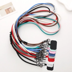 Close-up of premium multi-color PU leather phone lanyards with durable metal clasps