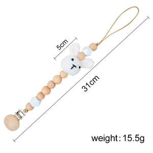 Cute crochet bunny pacifier clip with beech wood beads, 31cm length and 15.5g weight
