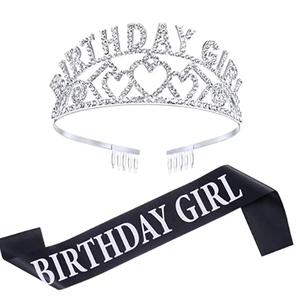 Birthday Girl party set with sparkling rhinestone crown tiara and black glitter sash