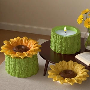 Sunflower candle jar resin mold set with yellow petals and green tree bark texture base