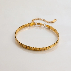 Vintage 18k gold plated stainless steel brick chain bracelet with adjustable lobster clasp