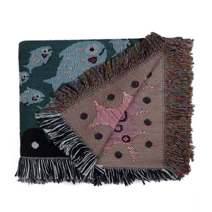 Mermaid ocean theme woven throw blanket with colorful fringes and reversible pattern