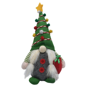 Gnome de Noël en peluche avec bonnet sapin vert et sac cadeau rouge pour décor de fête