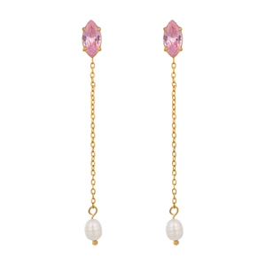 Detail of long tassel earring with pink marquise gemstone and white freshwater pearl
