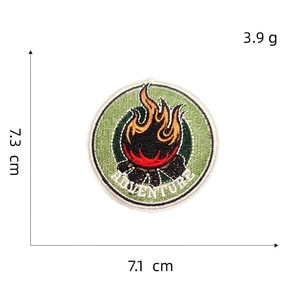 Detail showing embroidered bonfire adventure patch dimensions 7.1cm x 7.3cm and 3.9g weight