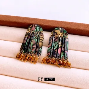New Chinese style acrylic marble earrings with golden tassels on velvet display case