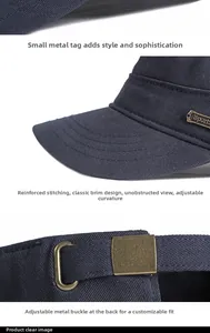 Detail of dark blue cotton sports cap with gold metal logo and adjustable brass buckle