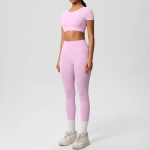 Détails de l'ensemble yoga rose sans couture avec legging taille haute et haut court