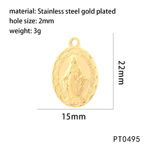 Detail view of 22x15mm gold plated stainless steel Virgin Mary pendant for DIY jewelry