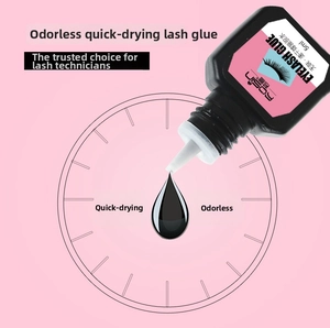 Macro detail of 5ml black eyelash glue droplet with fast-dry and odorless features