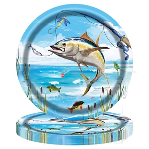 Stack of light blue fishing themed paper plates featuring tuna fish and ocean wave print
