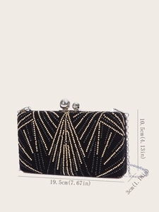 Elegant black evening clutch bag with gold geometric beads, chain strap and size markings