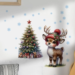 Stickers muraux de Noël détaillés avec renne peint à la main, arbre et flocons de neige