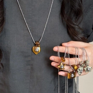 Vintage Tiger Eye Stone Heart Star Pendant Necklace Alloy Cross Ball Chain Long Retro Ethnic Jewelry For Women