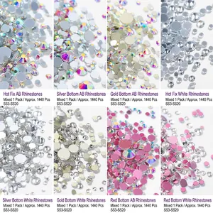 Flatback nail art rhinestones in AB and white crystals, SS3-SS20 mixed sizes, 1440pcs pack