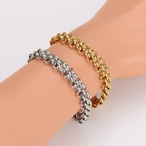 Double-layer stainless steel OT buckle bracelet in gold and silver finishes on model