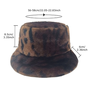 Warm leopard print faux fur bucket hat with dimension labels for head size and height