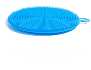 Detail of blue silicone dish brush showing flexible double-sided bristles and hanging hole