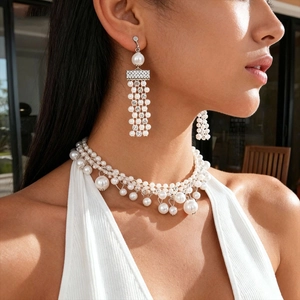 Baroque Faux Artificial Pearl Rhinestone Necklace And Clip Earrings Vintage Elegant Fashion Jewelry For Women