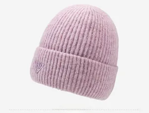Detail of NY letter embroidery on premium knit beanie with soft mohair texture