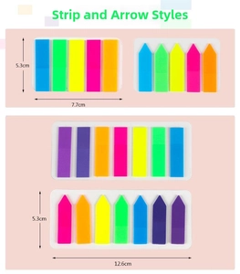 Close-up of fluorescent PET index tabs in bar and arrow shapes with size measurements