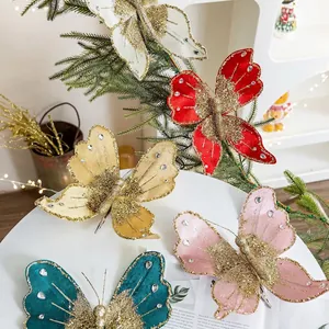 Glittery velvet butterfly Christmas tree decorations in assorted vibrant colors
