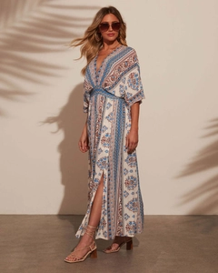 Detail view of v-neck floral maxi dress with high slit and summer bohemian print