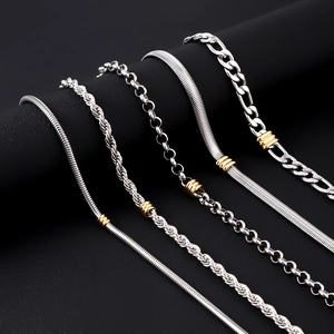 Stainless Steel Chain Bracelet Necklace For Men Unisex Two Tone Polished Gold Bead Decor Cuban Figaro Snake Bone Hip Hop