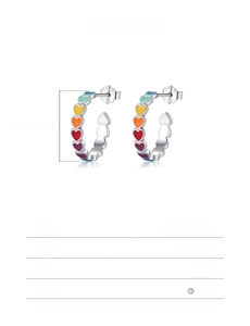 Technical view of 925 sterling silver hoop earrings with colorful rainbow heart enamel
