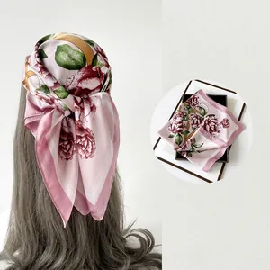 Elegant Floral Print Square Scarf Satin Faux Satin Headscarf Bandana For Women Thin Soft Hair Tie Bag Accessory