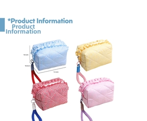 Quilted cosmetic bags with ruffles and knot handles in blue, yellow, red and pink colors