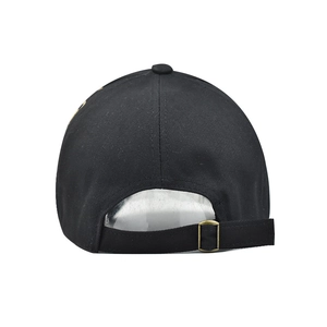 Detail view of cotton baseball cap back with adjustable strap and metal buckle