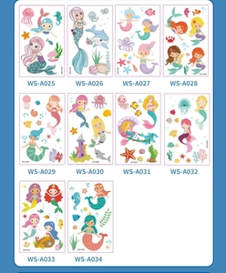 Detail view of 10 waterproof mermaid cartoon tattoo stickers for kids in a grid layout