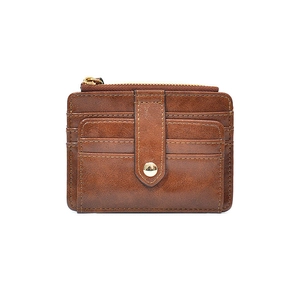 Minimalist vintage brown leather card holder with multiple slots and zipper pocket