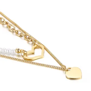 Layered Heart Pendant Necklace Stainless Steel Faux Artificial Pearl Spliced Clavicle Chain Fashion Jewelry Gift For Women