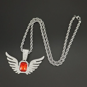 Hip hop angel wing necklace with large rectangular red ruby pendant and silver crystals