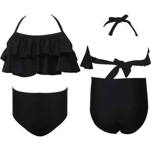 Two-piece black girls swimsuit featuring triple tiered ruffles and high-waisted shorts