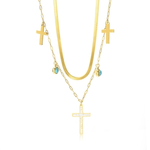 Gold double layer necklace with turquoise stones and rhinestone cross pendants for women
