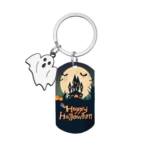 Halloween keychain set with ghost charm and Happy Halloween pumpkin tag on white background